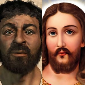A side-by-side of Jesus as depicted in popular media vs medical artist's interpretation