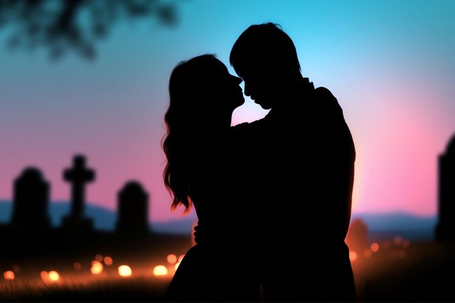 silhouetted couple kissing in cemetery at sunset