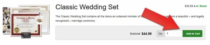 The product page for a Classic Wedding Set, with a red arrow pointing to the Add to Cart button.