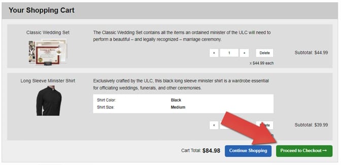 A screenshot of the cart with a Classic Wedding Set, and a red arrow pointing to the Proceed to Checkout button.