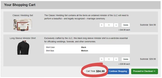 The Classic Wedding Set in a cart on the checkout page, with a red circle highlighting the subtotal.