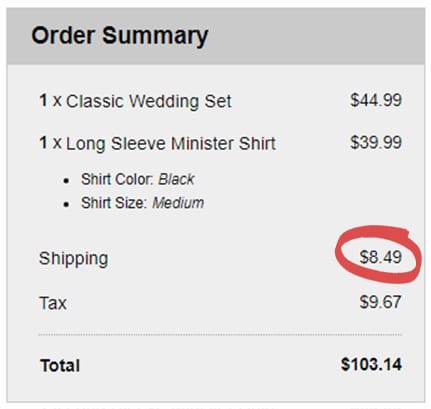 A screenshot of an order summary, with a red circle to showcase the shipping cost.