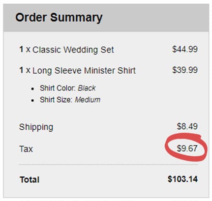 A red circle is around the price of sales tax for this order with a Classic Wedding Set.