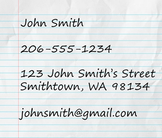 A sheet of paper with a full address, including contact information such as name, phone number, and email.