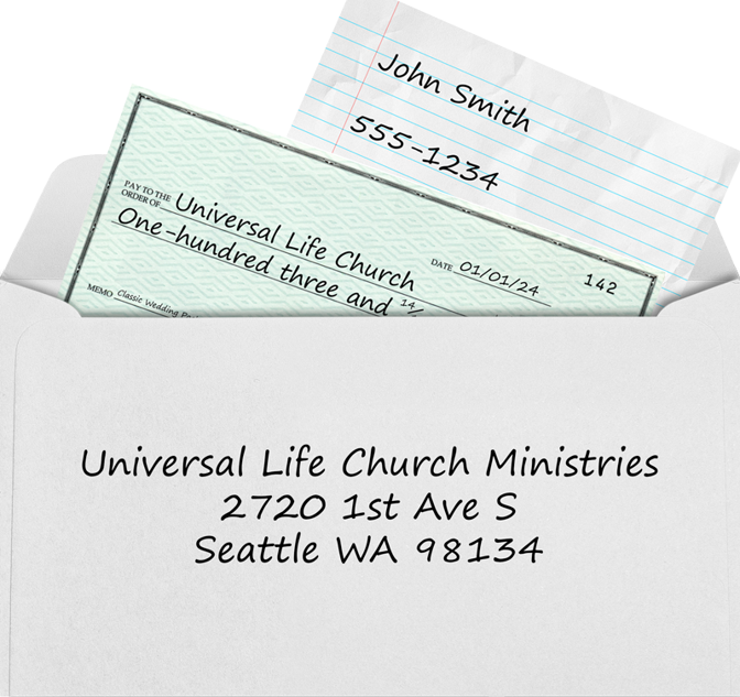 An envelope addressed to Universal Life Church contains a check for the mail order, and the return address.